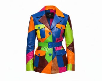 Women's Patchwork Leather Jacket – Multicolor Belted Blazer Coat – Statement Fashion Streetwear