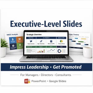 Könnte beinhalten: Ein Laptop mit einer "Strategic Overview"-Präsentation, flankiert von gedruckten Folien und einer Kaffeetasse. Der Text "Executive-Level Slides" und "Impress Leadership • Get Promoted" sind deutlich sichtbar. Die Präsentation ist für Manager, Direktoren und Berater.