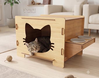 Ensemble mural en bois pour chat comprenant une maison et un lit | Condo flottant moderne pour chat, bac à repos et perchoir | Mobilier d'intérieur pour chat en bouleau de la Baltique