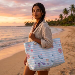 Seashell Watercolor Pattern Weekender | Beach Tote, Nautical Stripes