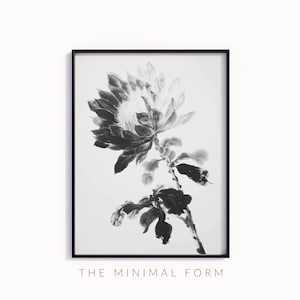 Minimalist Protea Print, Japanese Sumi-e Ink Flower Art, Boho Wall Decor (Digital Download)
