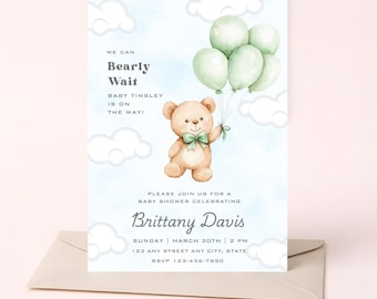 Uitnodigingssjabloon voor een babyshower met teddybeer-thema, groene ballonnen en wolken (digitale download)