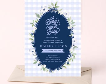 Sjabloon voor een babyshoweruitnodiging met een bosbessenthema, bewerkbaar in Canva, digitale uitnodiging (5x7 inch), thema bosbessen