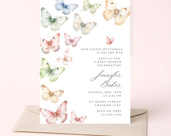 Babyshower uitnodiging sjabloon met vlinderthema, digitale uitnodiging, bewerkbaar in Canva, (5x7 inch), vlinderthema