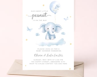 Babyshower uitnodiging sjabloon 'Little Peanut', printbare uitnodiging, digitale uitnodiging (5x7 inch), olifantenthema