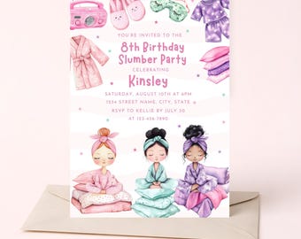 Bewerkbare sjabloon voor een uitnodiging voor een pyjamaparty (digitale uitnodiging van 5x7 inch, Canva)