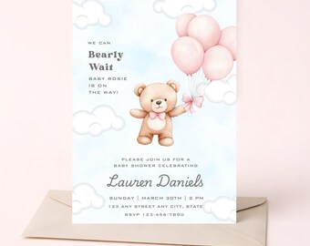Sjabloon voor een uitnodiging voor een babyshower met teddybeer-thema, roze ballonnen, bewerkbaar in Canva (5x7 inch)