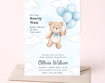 Sjabloon voor een uitnodiging voor een babyshower met teddybeer-thema, blauwe ballonnen, bewerkbaar in Canva (5x7 inch)