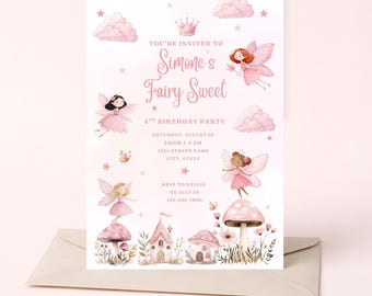 Sjabloon voor een sprookjesachtige kinderverjaardagskaart, digitale uitnodiging van Canva (5x7 inch), printbare uitnodiging