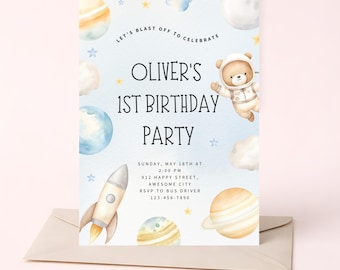 Sjabloon voor een kinderverjaardagsuitnodiging met ruimtethema, bewerkbare Canva-uitnodiging (5x7 inch)