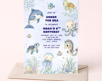 Sjabloon voor een uitnodiging voor een kinderfeestje met een onderwaterthema, digitale uitnodiging via Canva (5x7 inch)