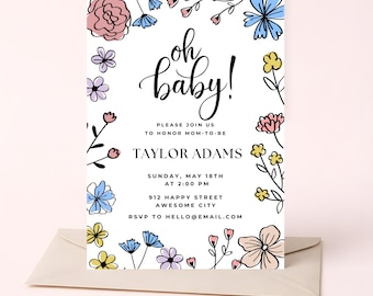 Oh Baby! Babyshower uitnodigingssjabloon, bewerkbaar in Canva, digitale uitnodiging (5x7 inch), bloementhema