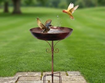 32" Vintage Metal Bird Bath, Copper Freestanding Bird Feeder with 5-Prong Base, Rustic Garden Yard Art, Gift for Bird Lovers