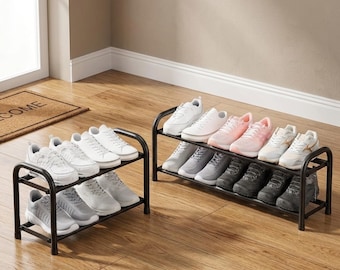 Expandable 2-Tier Shoe Rack | Adjustable Black Metal Shoe Organizer | Space Saving Entryway Storage | Modern Closet Footwear Shelf