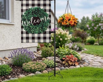 48" Garden Flag Stand, Shepherd Hook, Heavy Duty 5-Prong Metal Stake, Outdoor Yard Flag Pole Holder for Hanging Baskets Lanterns
