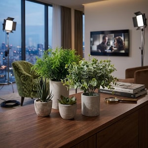 May include: A collection of four artificial plants in various sizes, each housed in a textured grey concrete-style pot. The arrangement includes a tall spiky plant, a bushy green plant, a small succulent, and a round-leafed plant on a wooden surface.