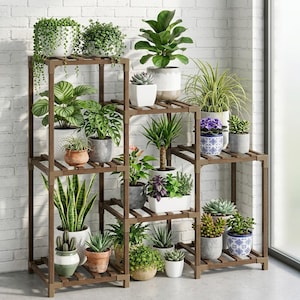 May include: A multi-tiered brown wooden plant stand with a grid-like frame, holding numerous potted plants of various sizes and species. The display includes leafy green foliage, succulents, and flowering plants in ceramic, terracotta, and plastic pots.