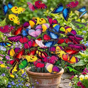 May include: A terracotta pot filled with colorful butterfly decorations. The butterflies are in various colors, including yellow, red, blue, and green. They are attached to thin green stems, creating a vibrant garden accent.
