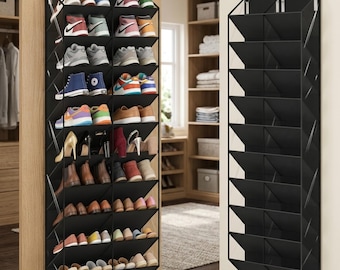Large Over the Door Shoe Organizer | 10-Tier Hanging Closet Rack for 30 Pairs | Black Heavy Duty Shoe Holder | Clear Pocket Space Saver