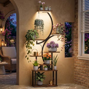 62" Tall Indoor Plant Stand with Grow Lights | 8-Tier S-Shaped Corner Plant Shelf | Rustic Brown Wood & Metal Flower Display Rack for Home