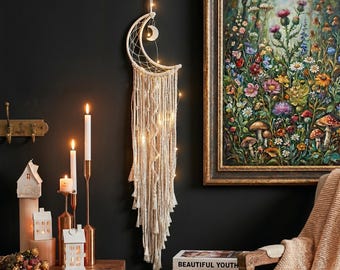 Moon Macrame Wall Hanging with LED Lights – Boho Celestial Tapestry