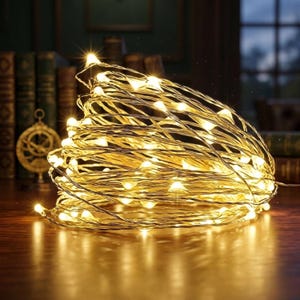 May include: A coiled string of warm white LED lights. The lights are on a thin, flexible wire, creating a soft, glowing effect. Ideal for decorative lighting, the lights are arranged in a coiled pattern.
