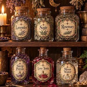 Pode incluir: Seis frascos de boticário de vidro com rolhas de cortiça dispostos em prateleiras de madeira. A fila superior contém lavanda, sálvia e alecrim secos. A fila inferior contém líquidos rotulados como Sleep Potion, Love Tonic e Moon Water.