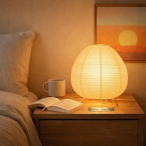 Japanese Rice Paper Table Lamp, Japandi Bedside Lamp, Zen Minimalist Nightstand Light, Modern Living Room Decor