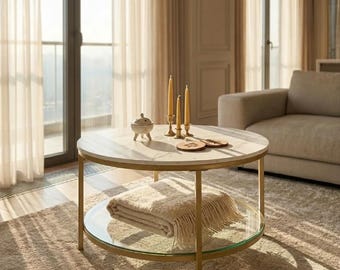 Modern Round Coffee Table | Marble & Glass Top Table | Rustic Industrial Living Room Decor | Minimalist Center Table
