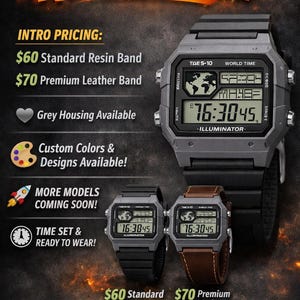 Puede incluir: Relojes Custom-modded Casio Royal Style. La imagen muestra un reloj gris grande con una correa negra y dos relojes más pequeños con correas negras y marrones. El texto dice "Custom Colors & Designs Available!" y "Time Set & Ready to Wear!"