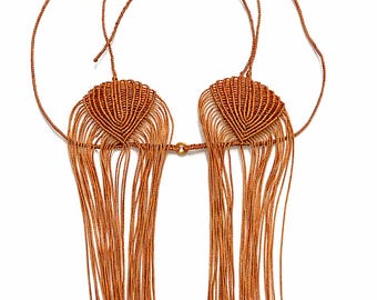 Top de sirena de macramé hecho a mano, talla S, color cobre metalizado, con forro.