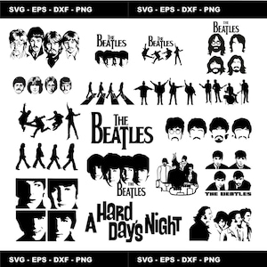 Puede incluir: Una colección de gráficos en blanco y negro con The Beatles. Incluye siluetas de los miembros de la banda, el logotipo de la banda y el texto "Hard Day's Night". Los gráficos están en formatos SVG, EPS, DXF y PNG.
