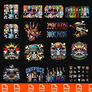 May include: A collection of colorful digital illustrations featuring characters and logos from the anime series "One Piece." The images include character portraits, skull and crossbones designs, and the show's logo in various styles. Formats include SVG, PNG, JPG, and EPS.