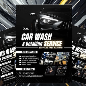 Puede incluir: Un anuncio en blanco y negro de un servicio de lavado y detallado de coches. El anuncio presenta un elegante coche negro y enumera servicios como limpieza interior, limpieza de alfombras y restauración de pintura. El texto dice "Car Wash & Detailing Service."