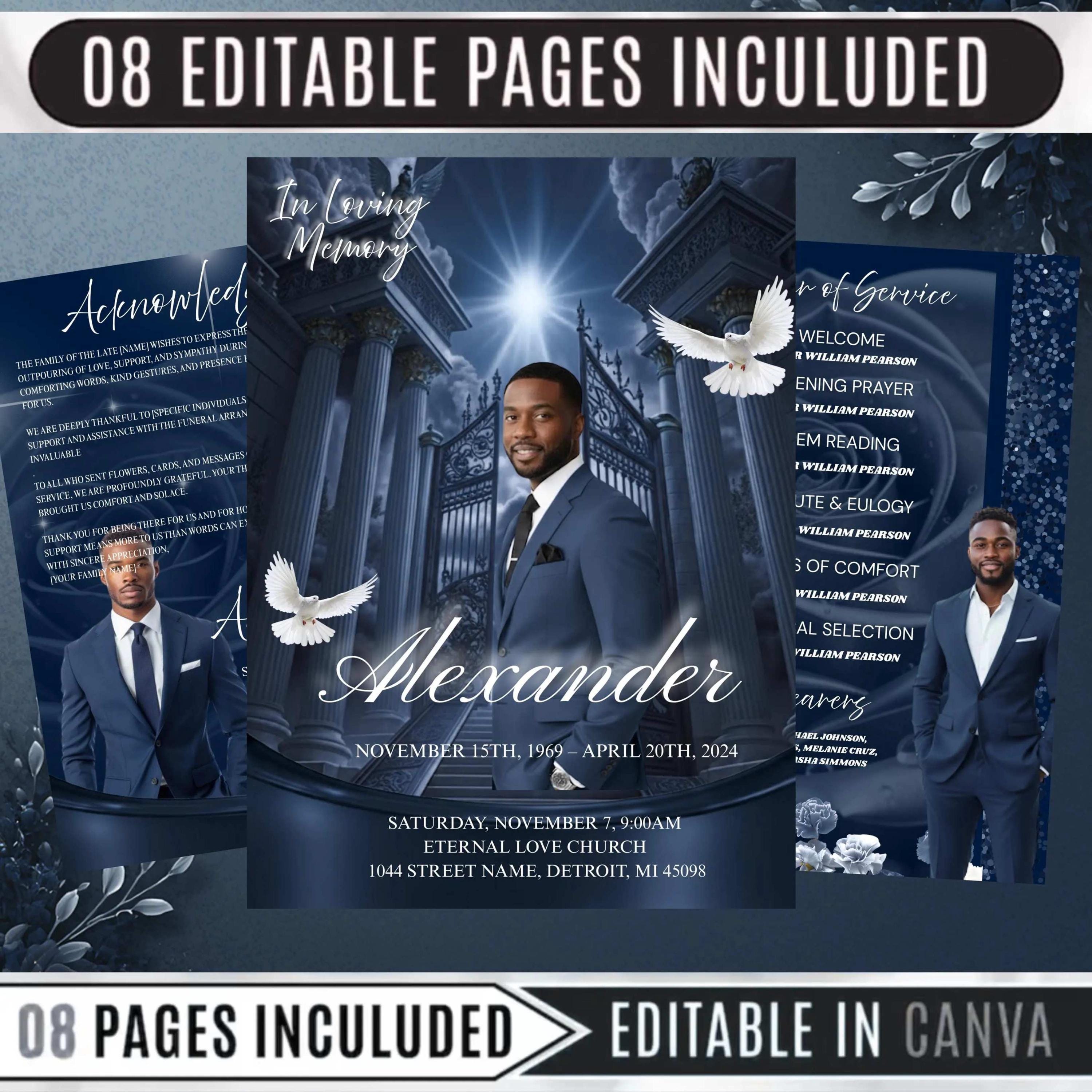 Blue Funeral Program Template | Bi-fold Obituary, Celebration of Life ...