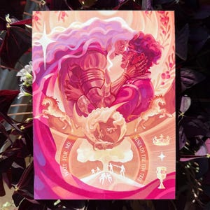 May include: A vibrant illustration featuring two figures embracing, set against a backdrop of pink and orange hues. The artwork includes a tree, horses, and text that reads "Wait for me" and "Beneath the Yew Tree."