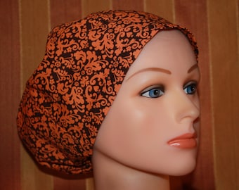BUY 2 Hats, get 1 FREE-Women's European Scrub Hat, Orange Damask Surgical Cap