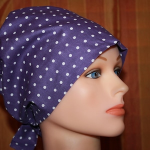 Purple Polka Dot Scrub Cap: Tie Back, Adjustable Fit