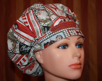 May include: A red and white patterned surgical scrub hat with a Christmas theme. The hat features a variety of holiday designs, including a red truck, a snowman, and a Christmas tree. The hat is tied with a red ribbon.
