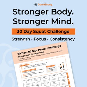 Pode incluir: Gráfico azul claro com o texto "Stronger Body. Stronger Mind." e "30 Day Squat Challenge." Um plano de treino intitulado "30 Day Athlete Power Challenge" é visível, com instruções e um gráfico para acompanhar o progresso.