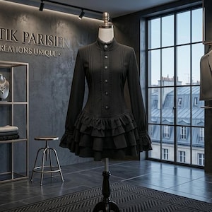 Peut inclure: Une robe noire à manches longues, col montant et jupe à volants superposés est présentée sur un mannequin. La robe comporte des boutons décoratifs sur le devant et des détails en dentelle. Le mannequin est sur un support noir dans une boutique.