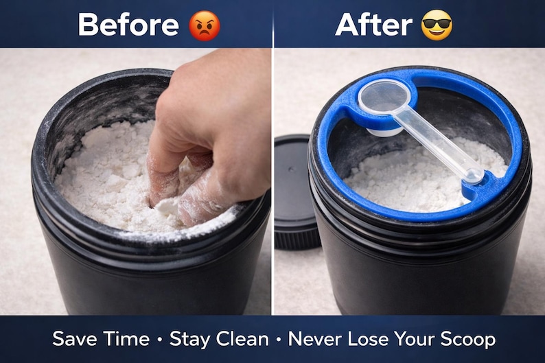 May include: A before-and-after image shows a black container filled with white powder. The "before" image shows a hand reaching into the powder. The "after" image shows a blue and white scoop holder. Text reads: Save Time &bull; Stay Clean &bull; Never Lose Your Scoop.