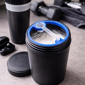 May include: A black protein powder container with a blue rim and a clear scoop, filled with white powder. A black and white shaker bottle and a pair of black earbuds are also visible. Dumbbells are in the background.