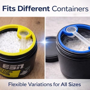 May include: Two black supplement containers with yellow and blue accents, filled with white powder. Each container has a scoop holder. The text "Fits Different Containers" and "Flexible Variations for All Sizes" are displayed.