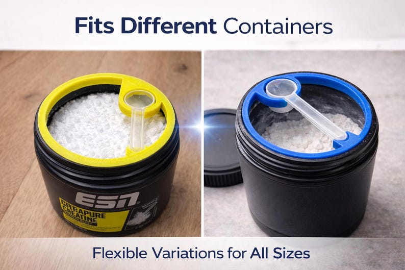 May include: Two black supplement containers with yellow and blue accents, filled with white powder. Each container has a scoop holder. The text "Fits Different Containers" and "Flexible Variations for All Sizes" are displayed.