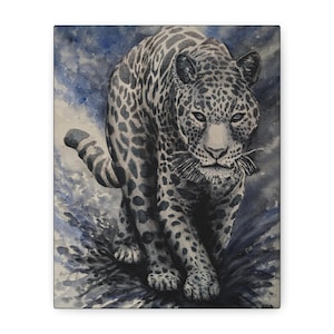 May include: A watercolor painting of a jaguar with a spotted coat, walking forward. The artwork features shades of gray, black, and white, with a blue and gray background. The jaguar is holding a piece of grass in its mouth.
