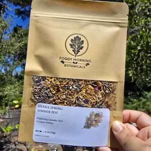 Peut inclure: Un sachet en papier beige contenant des ingrédients botaniques séchés visibles à travers une fenêtre transparente. L'étiquette indique Foggy Morning Botanicals avec un logo de feuille de chêne, Sierra Spring Simmer Pot, et Net Wt. 14g.