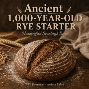 May include: A loaf of handcrafted sourdough bread with a dark brown crust and a light dusting of flour. The image includes the text "Ancient 1,000-YEAR-OLD RYE STARTER Handcrafted Sourdough Bread" and "Wild Fermented Artisan Baked."