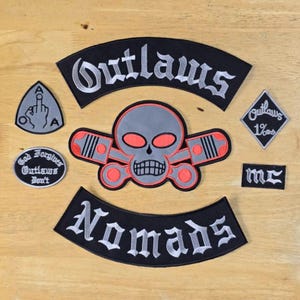 Outlaws MC Nomads Broderat Tygmärke Set Stora Bakre Rocker Skull Pistons 1%er GFD