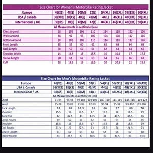 May include: Size charts for women's and men's motorbike racing jackets. Measurements are in centimeters. Charts include chest, waist, bottom, front and back length, shoulder width, sleeve length, and cuff measurements for various sizes.